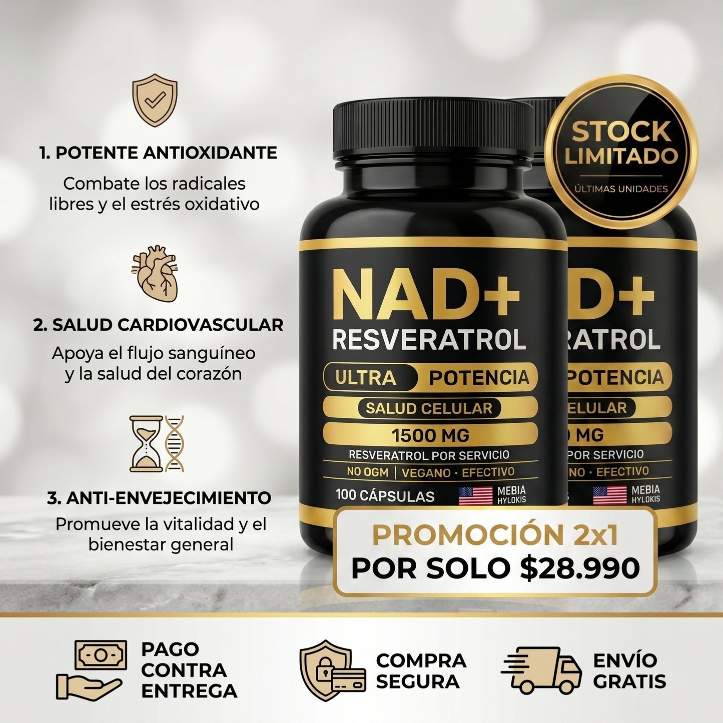 NAD+ + Resveratrol | Energía celular y longevidad 💪